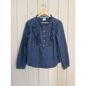J. Crew Shirt S Small Blue Denim Ruffle Neck Button Up Long Sleeve Top AB594